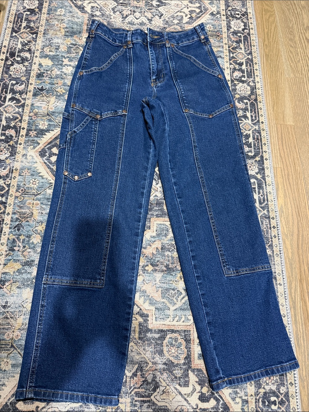 High-Rise Dark Blue Straight-Leg Carpenter Jeans - Women